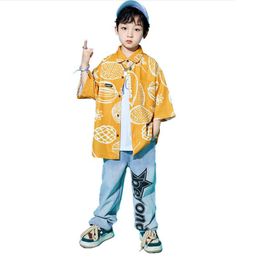 Kids Concert Street Wear Outfit Hip Hop Clothing Yellow Print Shirt Denim Pants For Girl Boy Jazz Dance Costume Teenage Clothes