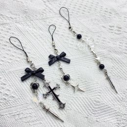Phone Charm Strap Y2K Keychain Kawaii-Cute Pendant Jewellery Keyring Lanyard String Black Cross-Bow Beaded Chain for Women Girl