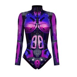 New Superhero Jumpsuit Cosplay Costume Robot Armour Zentai 3D Digital Print Women's Long Sleeve Zipper Bodysuit Halloween Party