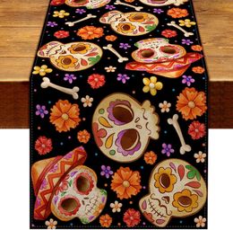 Mexican Day of The Dead Linen Table Runner Kitchen Dinning Table Decor Sugar Skull Table Runners for Party Table Decoration