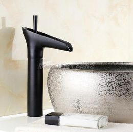 Bathroom Sink Faucets Black Oil Rubbed Brass Deck Mounted Waterfall Style Basin Faucet Single Handle Vessel Mixer Taps Whg036
