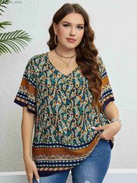 Basic Casual Dresses Plus Size Paisley Print V-Neck Straight Blouse Women 2024 New Summer Short Sleeve Boho Vintage Loose Tops And Blouses L49