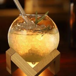 475Milliliter Creative Round Ball Cocktail Glass With Wood Stand Unique Shaped Cocktail Glass Spheroid Bar Juice Drinkware Cup