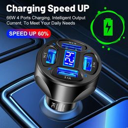 New 4 Ports USB Car Charger Fast Charging PD Quick Charge 3.0 USB C 66W Car Phone Charger Adapter For iPhone Samsung