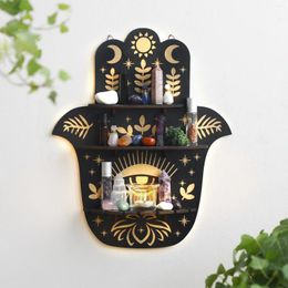 Decorative Plates Hamsa Hand Crystal Wall Shelf Rustic Wooden Display Holder Shelves For Rock Gemstones Home Decor Spiritual Gift