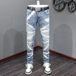 Men's Jeans High Street Fashion Men Retro Blue Stretch Skinny Fit Hip Hop Multi Pockets Spliced Designer Brand Pants Hombre
