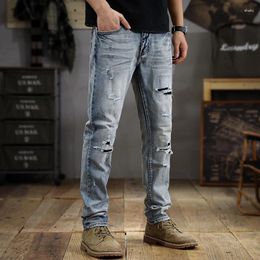 Men's Jeans Summer Fashion Brand Washed Wear-White Ripped Trendy Korean High-End Slim Straight Retro Distressed Tappered Pants