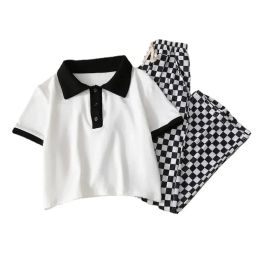 Girls' Junior Summer Suit Children's Checkerboard Trousers + Short Sleeve T-shirt 2 Piece Wide-Legged Pants 3-12Y