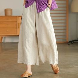 Casual Simplicity Summer Solid Colour Wide Leg Pants Stylish Womens Clothing Elastic Waist Pockets Loose Vintage Cropped 240411