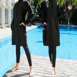 Solid Color Women Modest Full Cover Burkini Sets Muslim Arab 3PCS Swimwear Swimsuit Bathing Sets Long Tops Pants Beachwear
