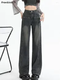 Women's Jeans Women Vintage Solid All-match Trendy Leisure Streetwear Retro Students Office Lady Elegant Korean Style Pockets Stylish