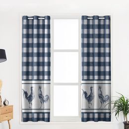 Farm Plaid Rooster Blue Retro Curtains for Living Room Window Panels Bedroom Kitchen Drapes Home Decor Window Curtain