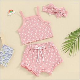 Clothing Sets Baby Girl Clothes Floral Print Sleeveless Romper Ruffle Bloomer Shorts Headband Set Infant Summer Outfits Drop Delivery Otcda