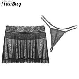 Sexy Skirt Women y Lingerie Set Underwear Transparent Mesh Lace Mini Skirt with G-Strings Suit Summer Sheer Wrinkle Skirt Slip Thongs L410