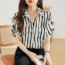 Women's Blouses Shirts 2024 Summer New Women Stripes Polo Collar Button Pockets Versatile Korean Version Loose Casual Bubble Sleeved Silk Shirt Tops 240411