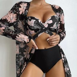 3pack Floral Print Knot Push Up Bikini Swimsuit & Kimono for Women Three Pieces Low Waist Swimwear 2023 New Beach Bathing Suit