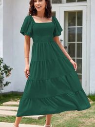 Casual Dresses 2024 Women's Midi Dress Spring Square Neckline Open Back Puff Sleeve Pleated Short Summer Fashion Robe