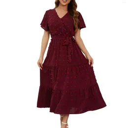 Casual Dresses Women'S Bohemian Polka Dot Dress Wrap V Neck Short Sleeve Solid Colour Tie A-Line Layered Flowy Long Fashionable