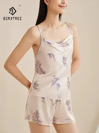 Home Clothing BirdTree Mulberry Silk Pyjamas Set Women Sling Shorts Casual Sweet Printed Vacation Homewear 2024 Summer S439102QC