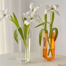 Modern Transparent Acrylic Vase Hydroponics Plant Vase Kawaii Desk Aesthetic Home Decor Living Room Water Raised Flowers Vase