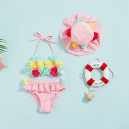 Citgeett Summer Infant Girls Swimsuits Flower Halter Neck Tops Ruffles Shorts Hat Bikini Split Swimwear Clothes Set