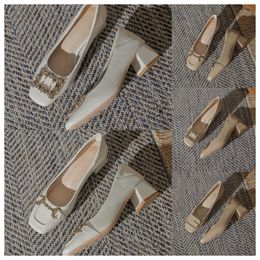 2024 Top Luxury Designer High square toe white womens fashionable middle heels soft soles thick heels and single shoes