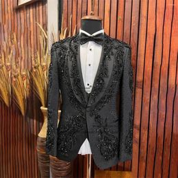 Men's Suits Shiny Beaded Appliques Men 2 Pieces Sets Wedding Groom Tuxedos Slim Male Prom Party Blazers Fashion Luxury Costume Homme