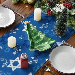 Blue Hexagram Passover Linen Table Runner Jewish Menorah Hanukkah Holiday Kitchen Dining Table Runner for Home Party Decor