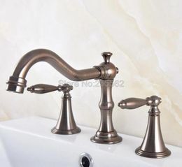 Bathroom Sink Faucets Brown Bronze Deck Mounted Dual Handles Widespread 3 Holes Basin Faucet Mixer Water Taps Lnf587
