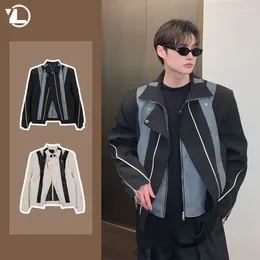 Men's Jackets Korean Street Casual Mens Jacket Patchwork Leather High Motorcycle Coats Loose Shoulder Pads Zipper Lapel Outwear Y2K