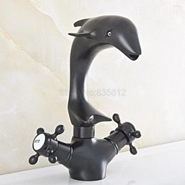 Bathroom Sink Faucets Black Oil Rubbed Bronze Swivel Spout Dual Cross Handles Dolphin Style Kitchen Faucet Mixer Tap Tsf847