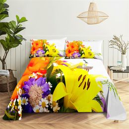 Colorful Flowers Queen Sheet Set Girl, Lovers Room Bedding Set Bed Sheets and Pillowcases Bedding Flat Sheet Bed Sheet Set