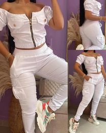 Women's Two Piece Pants Set Women Outfit 2024 Spring Fashion Off Shoulder Zipper Design Short Sleeve Crop Top & Casual Pocket Cuffed