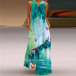 Abito sexy a maniche da vneck per donne Summer Fashion Drendress Retro Stampe Abiti lunghi con tasca Maxi Femme Vestidos 240411