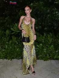 Casual Dresses Weird Puss Leopard-Print Halter Dress Woman Summer Sexy Backless Chiffon Patchwork Trend Two-Way Wear Irregular-Hem Chic