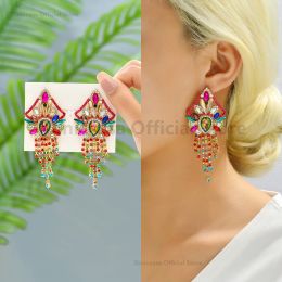 Bohemian Ethnic Style Colourful Crystal Tassel Long Hanging Earrings For Women Luxury Design Brand Charm Party Pendant Jewellery
