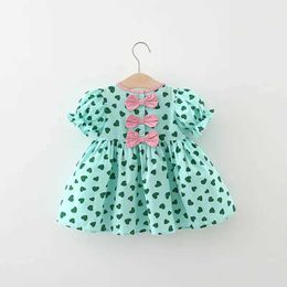 Girl's Dresses Childrens Dress for Girls 2024 New Korean Short Sleeve Bow Love Print Princess Dress Baby Summer Dress