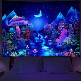 Astronauts UV Fluorescent Tapestry Black Light Aesthetic Wall Hanging Hippie for Bedroom Indie Room Decor