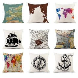 Pillow Nautical Series Cover Multicolored Map Sailboat Anchor Pattern 45x45cm Personalized Home Decoration Art