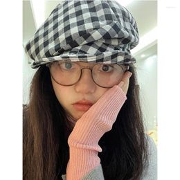 Berets Korean Literary And Retro Plaid Beret Spring Summer Elastic Pleated Fashion Versatile Women's Cotton Linen Octagonal Hat