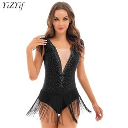 Women Flowy Tassel Latin Jazz Dance Leotard Figure Ice Skating Bodysuit Costume Tango Samba Rumba Cha Cha Ballroom Dancewear