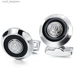 Cuff Links 20 mm HAWSON D Initial Alphabet Letter Cufflinks Fashion Round Mens Cuff Links Button with Black Enamel button up shirt Jewellery Y240411