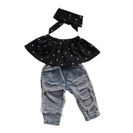 Pantolon yeni moda yürümeye başlayan bebek kızlar giysi siyah bluz üst delik gündelik denim pantolon kıyafetler set