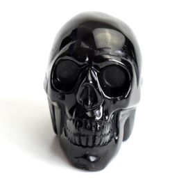 19 INCHES Natural Chakra Black Obsidian Carved Crystal Reiki Healing Realistic Human Skull Model Feng Shui Statue with a Velvet P6813051