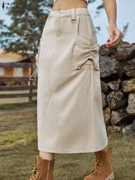 ZANZEA Streetwear Maxi Skirt Jupes Women Cargo Straight Elastic Waist Skirts Vintage Loose Elegant Patch Pocket 240403