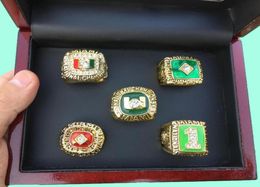 5 Pcs 1983 1987 1989 1991 2001 Miami Hurricanes National ship Ring Set With Wooden Display Box Case Fan Gift 2019 Drop Shipping7174647