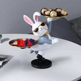 Creative Rabbit Statue Storage Tray Bunny Figurine Animal Sculpture Sundries Container Desk Organiser for Home Party Decor Gift