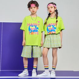 New Kids Jazz Dance Clothing Girls Short Sleeve T Shirt Plaid Skirt Hip Hop Dance Outfit Children Cheerleading Show Costumes