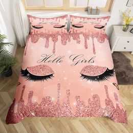 Women Eyelash King Queen Duvet Cover Glitter Galaxy Bedding Set Pink Sequin Ink Fluid Art Quilt Cover Polyester Comforter Cover