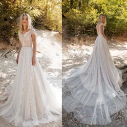 2024 Bohemian Wedding Dresses Jewel Neck Short Sleeve Lace Appliques Beach Bridal Gowns Sweep Train A Line Wedding Dress